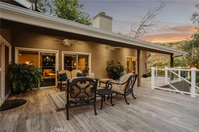 9911 Overhill Dr, North Tustin, CA 92705 - wooden terrace with outdoor lounge area and a ceiling fan
