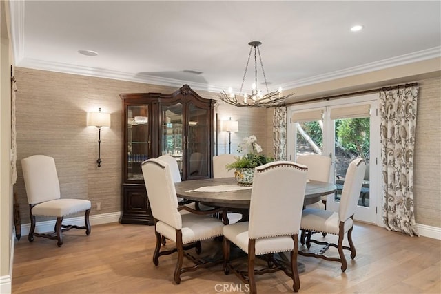 9911 Overhill Dr, North Tustin, CA 92705 - dining area with wallpapered walls, a chandelier, crown molding, light wood finished floors, and recessed lighting