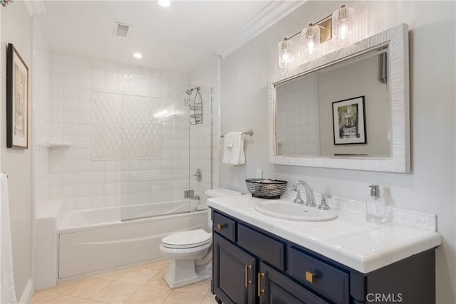9911 Overhill Dr, North Tustin, CA 92705 - bathroom with vanity, tub / shower combination, tile patterned floors, recessed lighting, and crown molding