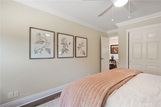 9911 Overhill Dr, North Tustin, CA 92705 - bedroom featuring crown molding, dark wood finished floors, and ceiling fan