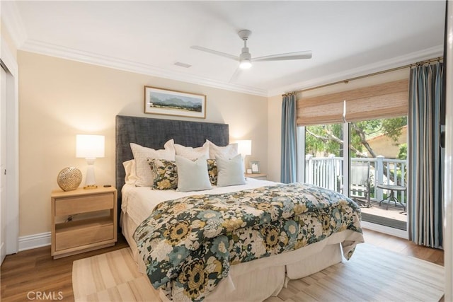 9911 Overhill Dr, North Tustin, CA 92705 - bedroom featuring access to exterior, wood finished floors, crown molding, and ceiling fan