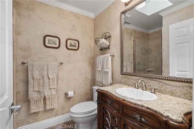 9911 Overhill Dr, North Tustin, CA 92705 - bathroom featuring vanity, a skylight, a shower, and crown molding