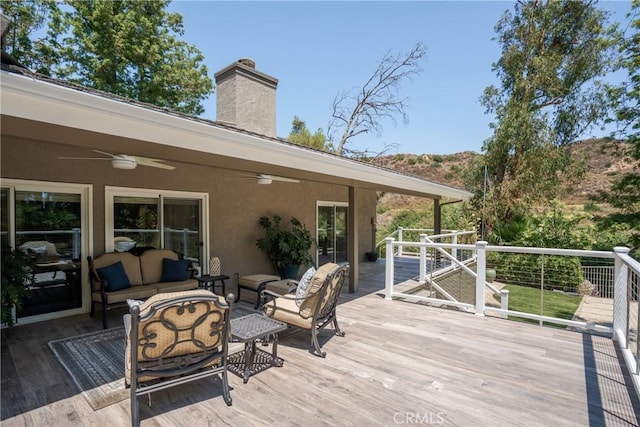 9911 Overhill Dr, North Tustin, CA 92705 - wooden terrace featuring ceiling fan and an outdoor living space