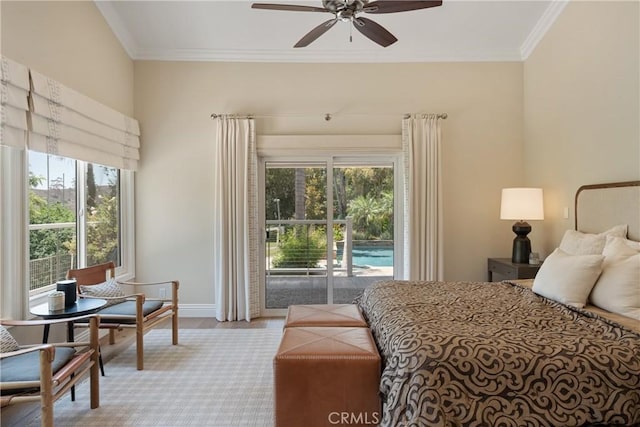 9911 Overhill Dr, North Tustin, CA 92705 - bedroom with access to exterior, ornamental molding, and ceiling fan