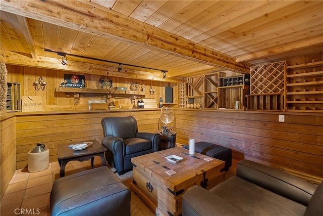9911 Overhill Dr, North Tustin, CA 92705 - living room with a wooden ceiling with exposed beams, track lighting, and wood walls