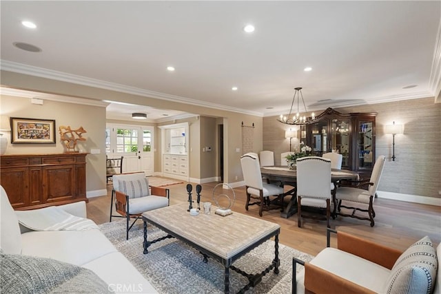 9911 Overhill Dr, North Tustin, CA 92705 - living room with crown molding, a chandelier, light wood-type flooring, and recessed lighting