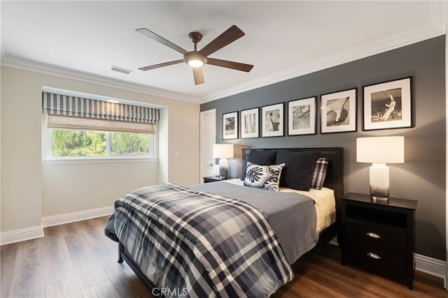 9911 Overhill Dr, North Tustin, CA 92705 - bedroom featuring ornamental molding, dark wood finished floors, and a ceiling fan