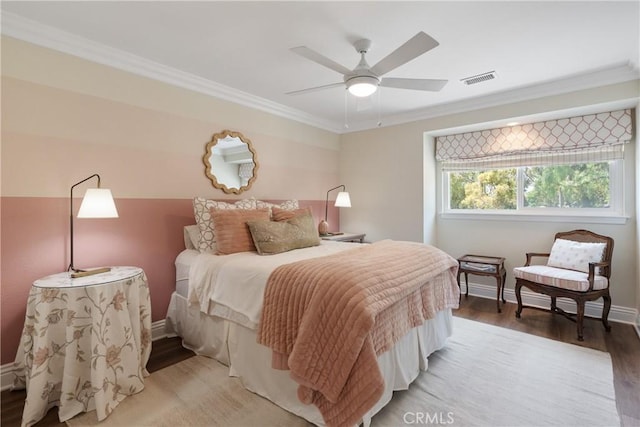 9911 Overhill Dr, North Tustin, CA 92705 - bedroom featuring ornamental molding, light wood-type flooring, and a ceiling fan