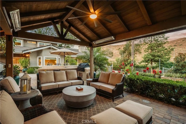 9911 Overhill Dr, North Tustin, CA 92705 - view of patio / terrace featuring a gazebo, an outdoor living space, ceiling fan, and grilling area