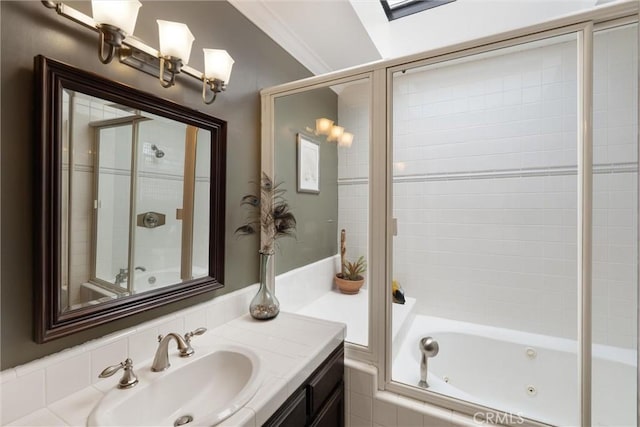 729 Longfellow Ave, Hermosa Beach, CA 90254 - bathroom with vanity, lofted ceiling, and a combined bath / shower with jetted tub