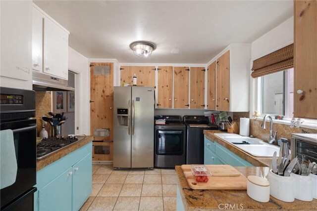 729 Longfellow Ave, Hermosa Beach, CA 90254 - kitchen with stainless steel appliances, washer and clothes dryer, under cabinet range hood, light tile patterned floors, and blue cabinets