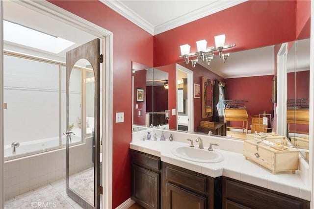 729 Longfellow Ave, Hermosa Beach, CA 90254 - bathroom featuring a relaxing tiled tub, tiled shower, vanity, ornamental molding, and tile patterned floors