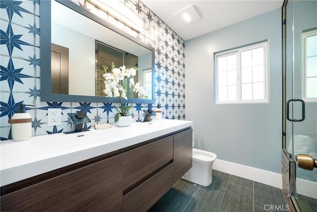 235 Verbena Ln, Brea, CA 92823 - bathroom featuring double vanity, tasteful backsplash, and a shower stall