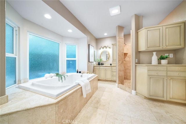 235 Verbena Ln, Brea, CA 92823 - full bathroom featuring a tile shower, a garden tub, vanity, and recessed lighting