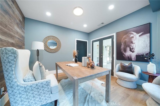 235 Verbena Ln, Brea, CA 92823 - office area featuring french doors, wood finished floors, wood walls, and recessed lighting