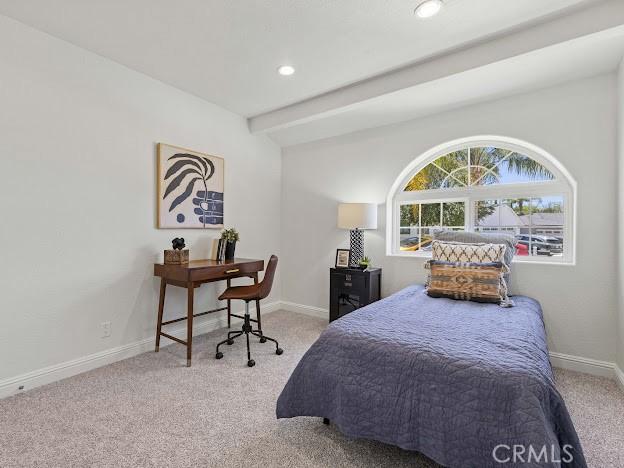 22601 Aguadero Pl, Saugus, CA 91350 - bedroom with carpet, an office area, beam ceiling, and recessed lighting