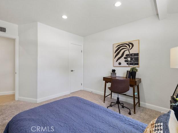 22601 Aguadero Pl, Saugus, CA 91350 - carpeted bedroom featuring beamed ceiling and recessed lighting