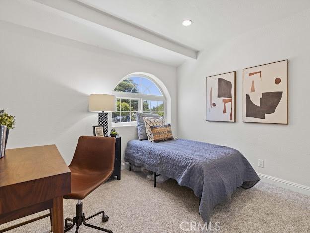 22601 Aguadero Pl, Saugus, CA 91350 - carpeted bedroom featuring a desk and beam ceiling