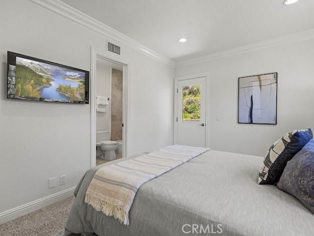 22601 Aguadero Pl, Saugus, CA 91350 - carpeted bedroom featuring recessed lighting, crown molding, and ensuite bathroom