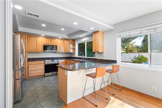 1317 Mill Creek Ct, Thousand Oaks, CA 91360 - kitchen with appliances with stainless steel finishes, a peninsula, plenty of natural light, a breakfast bar area, and recessed lighting