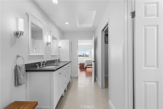 1317 Mill Creek Ct, Thousand Oaks, CA 91360 - bathroom with double vanity, tile patterned floors, ensuite bath, and recessed lighting