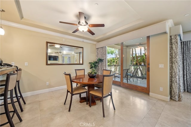 2727 Shell Beach Rd Unit 219, Pismo Beach, CA 93449 - dining space with a raised ceiling, a ceiling fan, and crown molding