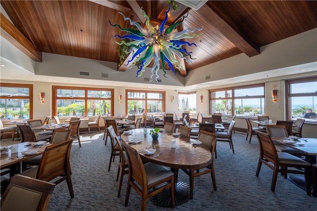 2727 Shell Beach Rd Unit 219, Pismo Beach, CA 93449 - dining room with a wooden ceiling with exposed beams, carpet floors, and high vaulted ceiling