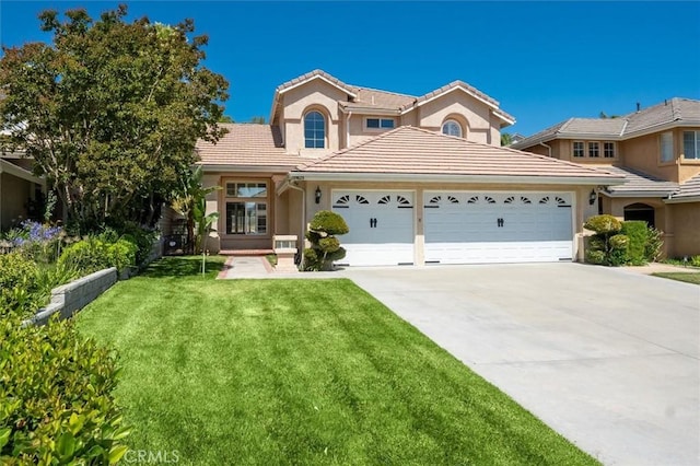 25623 Frost Ln, Stevenson Ranch, CA 91381 - traditional-style home with a garage, driveway, stucco siding, a front yard, and a tile roof