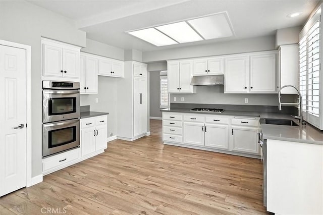 25623 Frost Ln, Stevenson Ranch, CA 91381 - kitchen with stainless steel double oven, under cabinet range hood, and plenty of natural light