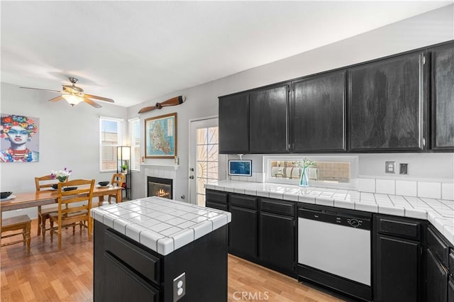2659 Cold Creek Ave, Rosamond, CA 93560 - kitchen with dishwasher, dark cabinets, light wood-style flooring, and a ceiling fan