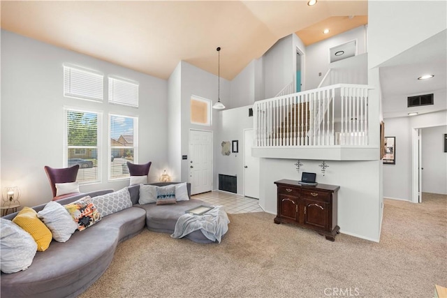 2659 Cold Creek Ave, Rosamond, CA 93560 - carpeted living room featuring high vaulted ceiling and recessed lighting