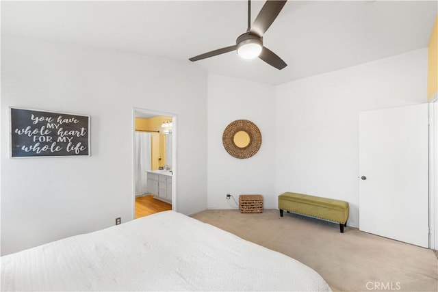2659 Cold Creek Ave, Rosamond, CA 93560 - bedroom with carpet, ensuite bath, and ceiling fan