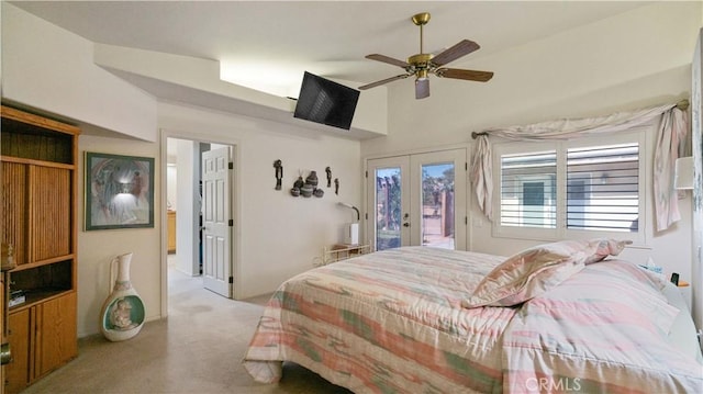 8920 Del Monte Ave, Yucca Valley, CA 92284 - bedroom with access to outside, french doors, carpet, a ceiling fan, and lofted ceiling