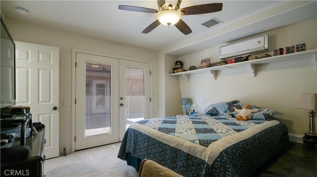 8920 Del Monte Ave, Yucca Valley, CA 92284 - bedroom featuring french doors, access to exterior, a ceiling fan, and carpet
