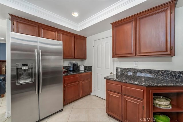2151 Lyon Ave, Riverside, CA 92503 - kitchen with stainless steel fridge with ice dispenser, dark stone countertops, light tile patterned flooring, crown molding, and recessed lighting