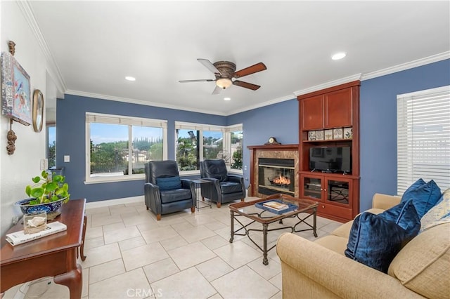 2151 Lyon Ave, Riverside, CA 92503 - living area with a ceiling fan, recessed lighting, a fireplace, crown molding, and light tile patterned floors