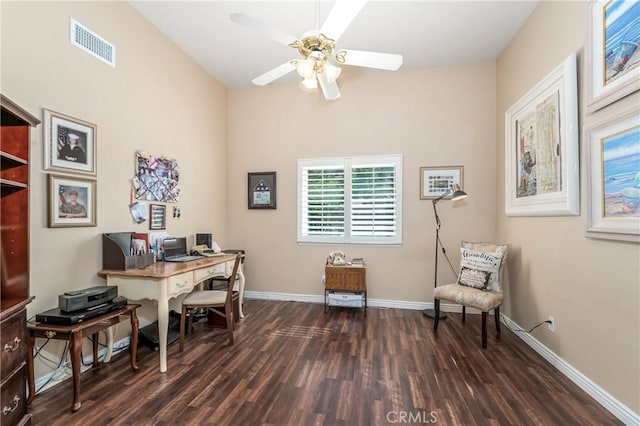 2151 Lyon Ave, Riverside, CA 92503 - office area with dark wood-style floors, a ceiling fan, and vaulted ceiling