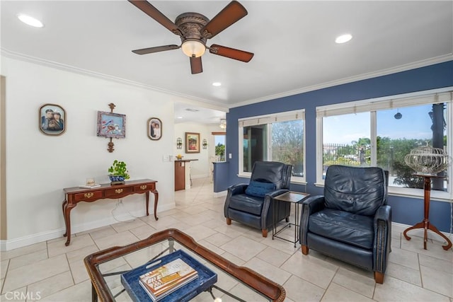 2151 Lyon Ave, Riverside, CA 92503 - living area with ceiling fan, ornamental molding, light tile patterned flooring, and recessed lighting