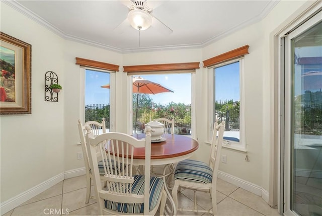 2151 Lyon Ave, Riverside, CA 92503 - dining area with light tile patterned flooring, plenty of natural light, ceiling fan, and ornamental molding