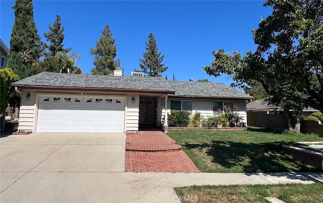 10116 Viking Ave, Northridge, CA 91324 - ranch-style house featuring concrete driveway, a garage, a front lawn, and a chimney