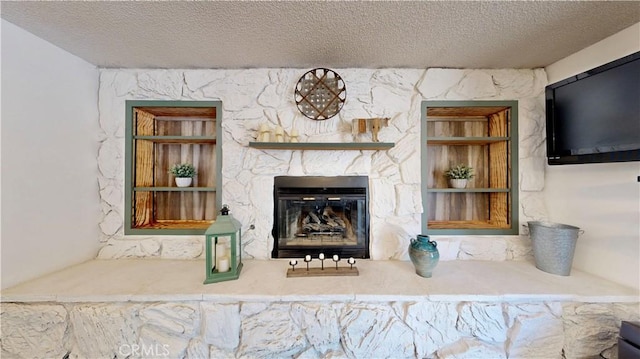 15233 Olive St, Hesperia, CA 92345 - detailed view of a textured ceiling, a fireplace, and built in features