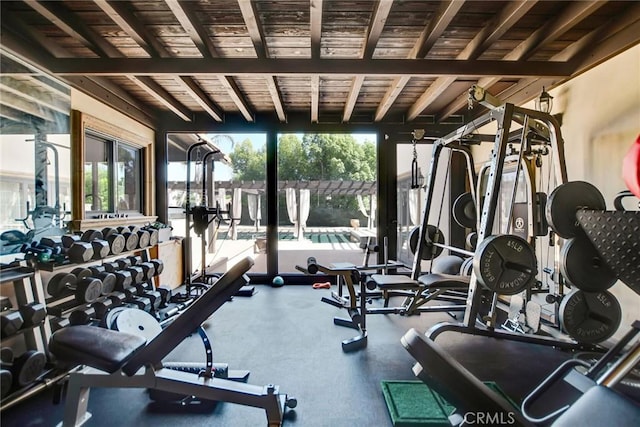 462 Pomello Dr, Claremont, CA 91711 - exercise room featuring beam ceiling