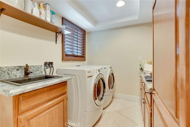 462 Pomello Dr, Claremont, CA 91711 - laundry area with independent washer and dryer, light marble finish floors, cabinet space, and recessed lighting