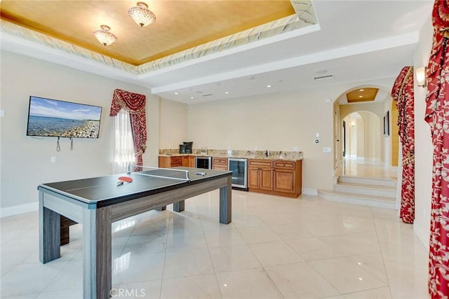 462 Pomello Dr, Claremont, CA 91711 - recreation room featuring a raised ceiling, beverage cooler, wet bar, light tile patterned floors, and recessed lighting