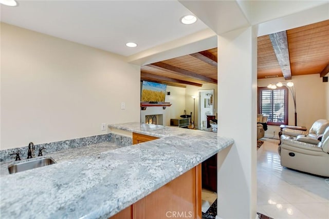 462 Pomello Dr, Claremont, CA 91711 - kitchen featuring a wooden ceiling with exposed beams, open floor plan, light stone countertops, recessed lighting, and light tile patterned floors