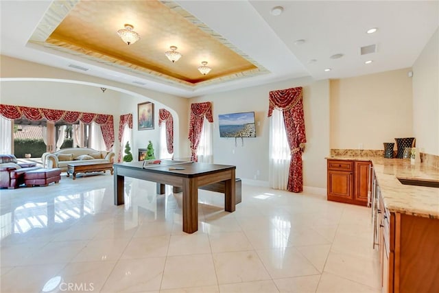 462 Pomello Dr, Claremont, CA 91711 - dining room with a tray ceiling, arched walkways, light tile patterned floors, and recessed lighting