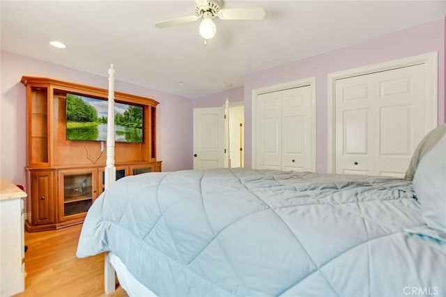 462 Pomello Dr, Claremont, CA 91711 - bedroom featuring two closets, light wood-style flooring, a ceiling fan, and recessed lighting