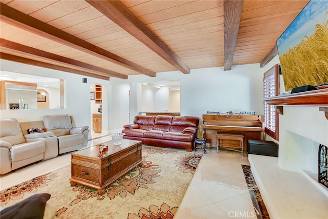 462 Pomello Dr, Claremont, CA 91711 - tiled living area featuring a wood ceiling with exposed beams and a fireplace with raised hearth
