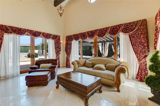 462 Pomello Dr, Claremont, CA 91711 - living room featuring a towering ceiling, french doors, and light tile patterned floors