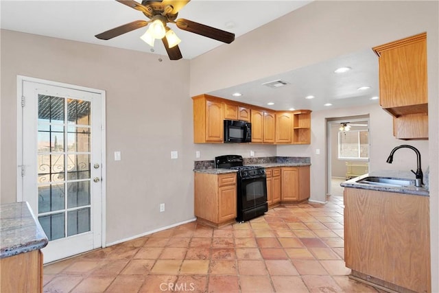 26969 Lakeview Dr, Helendale, CA 92342 - kitchen featuring black appliances, a ceiling fan, plenty of natural light, and recessed lighting